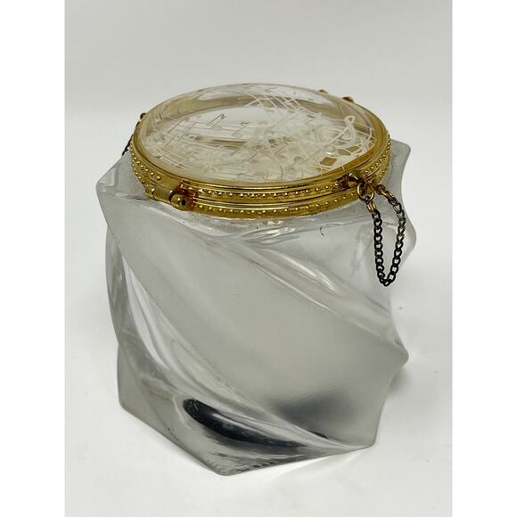 Frosted Crystal Gold Trimmed Hinged Dresser Trinket Box Musical Notes Signed KF - Picture 8 of 13